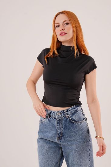 Boğazlı Parlak Kumaş Siyah Crop resmi