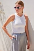 917 Bisiklet Yaka Fitilli Kolsuz Bluz - Ekru resmi