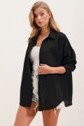 20153 Tek Cepli Oversize Keten Gömlek - Siyah resmi