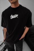 Erkek Baskılı Oversize T-shirt - Siyah resmi