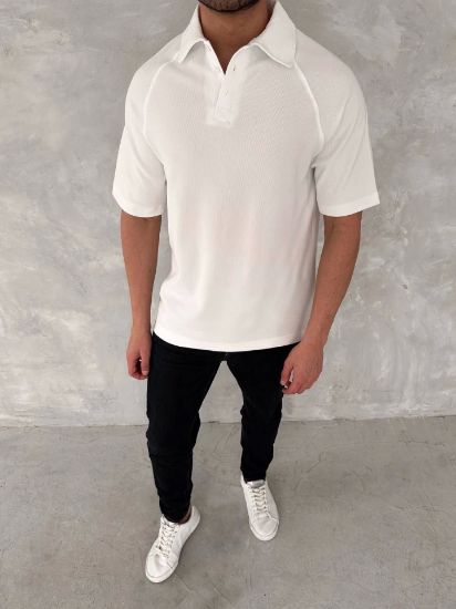 Yakalı Patlı Kısa Kol T-shirt - Beyaz resmi