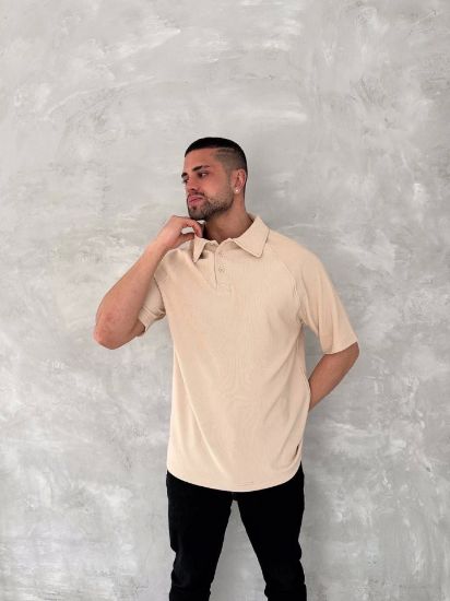 Yakalı Patlı Kısa Kol T-shirt - Bej resmi