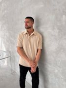 Yakalı Patlı Kısa Kol T-shirt - Bej resmi