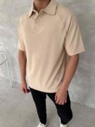 Yakalı Patlı Kısa Kol T-shirt - Bej resmi
