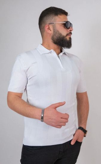 Triko Dokuma Yarım Fermuarlı Yakalı T-shirt - Beyaz resmi
