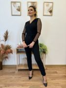 Krep Kumaş Kol Tül Puan Detaylı Kuşaklı Tulum 141 Cm resmi