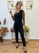 Krep Kumaş Kol Tül Puan Detaylı Kuşaklı Tulum 141 Cm resmi