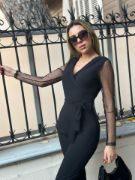 Krep Kumaş Kol Tül Puan Detaylı Kuşaklı Tulum 141 Cm resmi