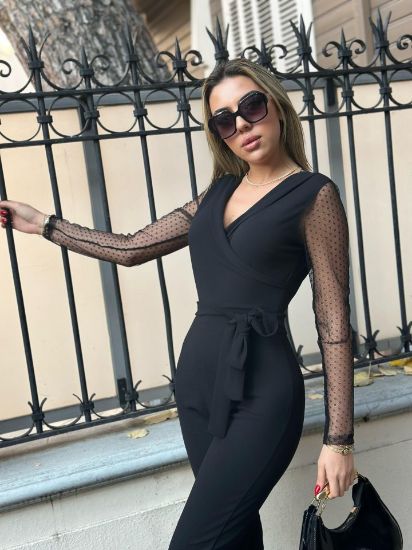 Krep Kumaş Kol Tül Puan Detaylı Kuşaklı Tulum 141 Cm resmi