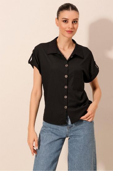 20187 Kısa Kol Oversize Örme Gömlek - Siyah resmi