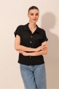 20187 Kısa Kol Oversize Örme Gömlek - Siyah resmi