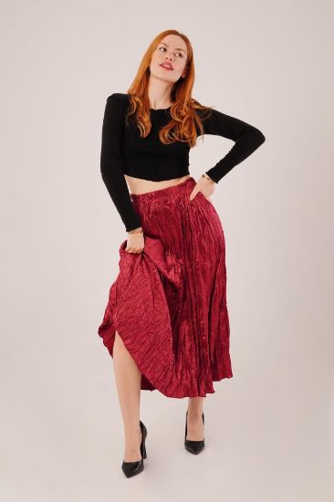 Midi Boy Pileli Saten Bordo Etek resmi