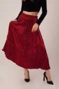 Midi Boy Pileli Saten Bordo Etek resmi