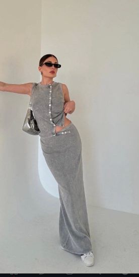 Uzun Etekli Önü Düğmeli Badi İkili Takım- Gri resmi