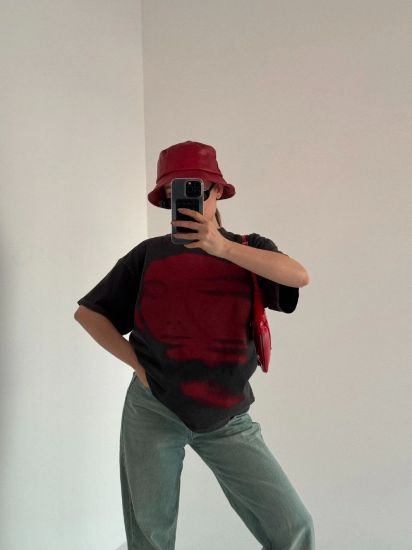 Bisiklet Yaka Yıkamalı Baskılı T-Shirt - Antrasit resmi
