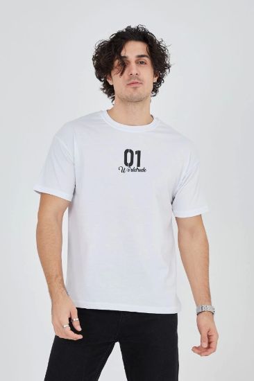 Erkek Bisiklet Yakalı Baskılı T-Shirt - Beyaz resmi
