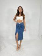 6478 DENİM MIDI SLIT SKIRT-MAVİ resmi