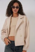 9117 Kruvaze Yaka Crop Ceket - Bej resmi