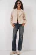 9117 Kruvaze Yaka Crop Ceket - Bej resmi