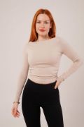 Yaka Detay Uzun Kollu Basic Krem Bluz resmi