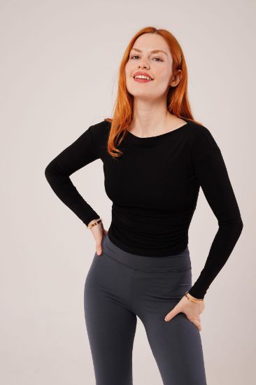 Yaka Detay Uzun Kollu Basic Siyah Bluz resmi