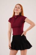 Boğazlı Parlak Kumaş Bordo Crop resmi