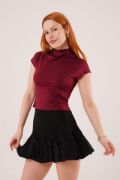 Boğazlı Parlak Kumaş Bordo Crop resmi
