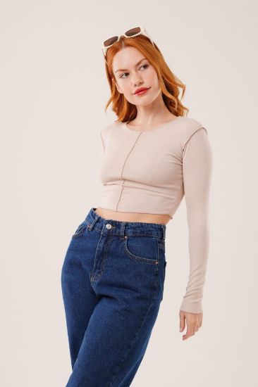 Ters Dikişli Basic Krem Body Bluz resmi