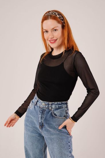 Transparan Siyah Tül Basic Bluz resmi