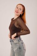 Transparan Kahverengi Tül Basic Bluz resmi