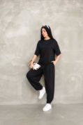 Osy Modal Yumuşak Dokulu Kumaş Oversize Bisiklet Yaka T-shirt Jogger Eşofman Altı Eşofman Takımı - Siyah resmi