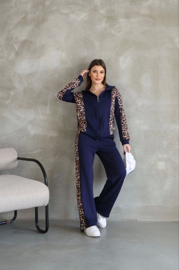 Osy Modal Yumuşak Dokulu Kumaş Kapüşonlu Leopar Desenli Fermuarlı Takım - Lacivert resmi