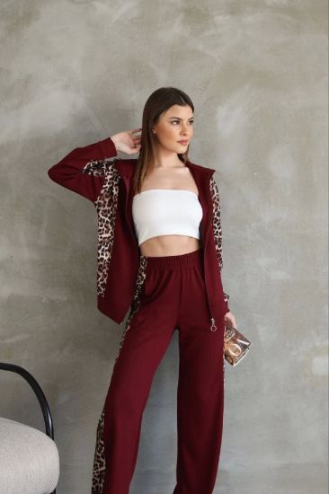 Osy Modal Yumuşak Dokulu Kumaş Kapüşonlu Leopar Desenli Fermuarlı Takım - Bordo resmi