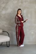 Osy Modal Yumuşak Dokulu Kumaş Kapüşonlu Leopar Desenli Fermuarlı Takım - Bordo resmi