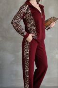 Osy Modal Yumuşak Dokulu Kumaş Kapüşonlu Leopar Desenli Fermuarlı Takım - Bordo resmi