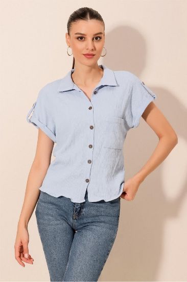 20187 Kısa Kol Oversize Örme Gömlek - Mavi resmi