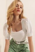 0409 Kare Yaka Örme Bluz - Beyaz resmi