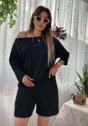 Kadın Kayık Yaka Oversize Asimetrik Bluz Ve şort Iki Iplik Takım resmi