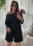 Kadın Kayık Yaka Oversize Asimetrik Bluz Ve şort Iki Iplik Takım resmi