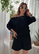 Kadın Kayık Yaka Oversize Asimetrik Bluz Ve şort Iki Iplik Takım resmi