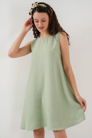 2444 Mini Keten Elbise - E.Yeşil resmi