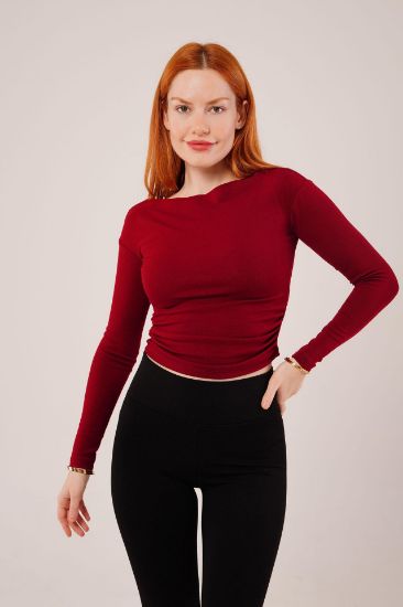 Yaka Detay Uzun Kollu Basic Bordo Bluz resmi