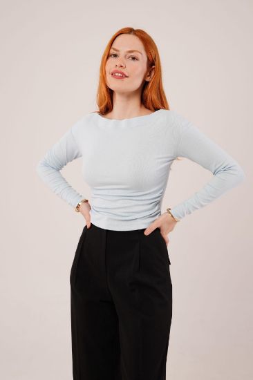 Yaka Detay Uzun Kollu Basic Bebe Mavisi Bluz resmi