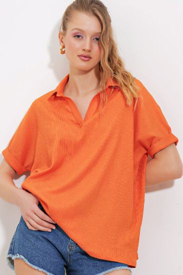 Turuncu Oversize Polo Yaka Örme Bluz 0486 resmi
