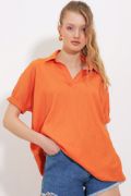 Turuncu Oversize Polo Yaka Örme Bluz 0486 resmi