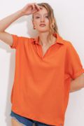 Turuncu Oversize Polo Yaka Örme Bluz 0486 resmi