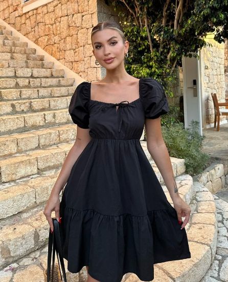 2351 Kloş Poplin Elbise - Siyah resmi
