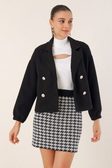 9117 Kruvaze Yaka Crop Ceket - Siyah resmi