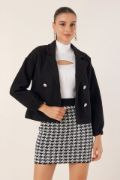 9117 Kruvaze Yaka Crop Ceket - Siyah resmi
