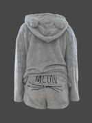Kadın Uzun Kollu Meow Kedi Nakışlı Kapşonlu Peluş Sweat Ve Short Ikili Takım resmi
